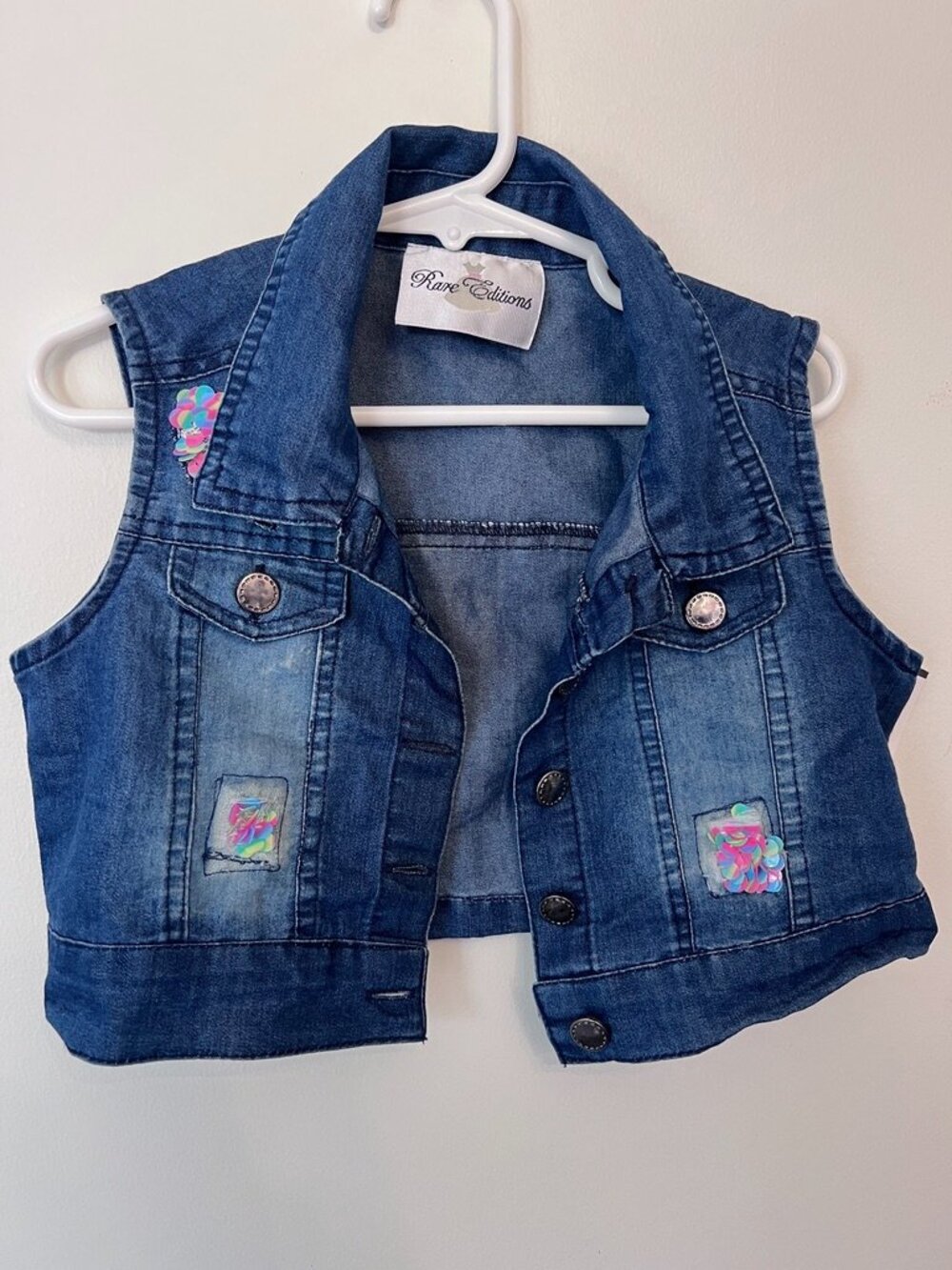 Rare Editions Girls Iridescent Sequin Crop Denim Vest - Size 5